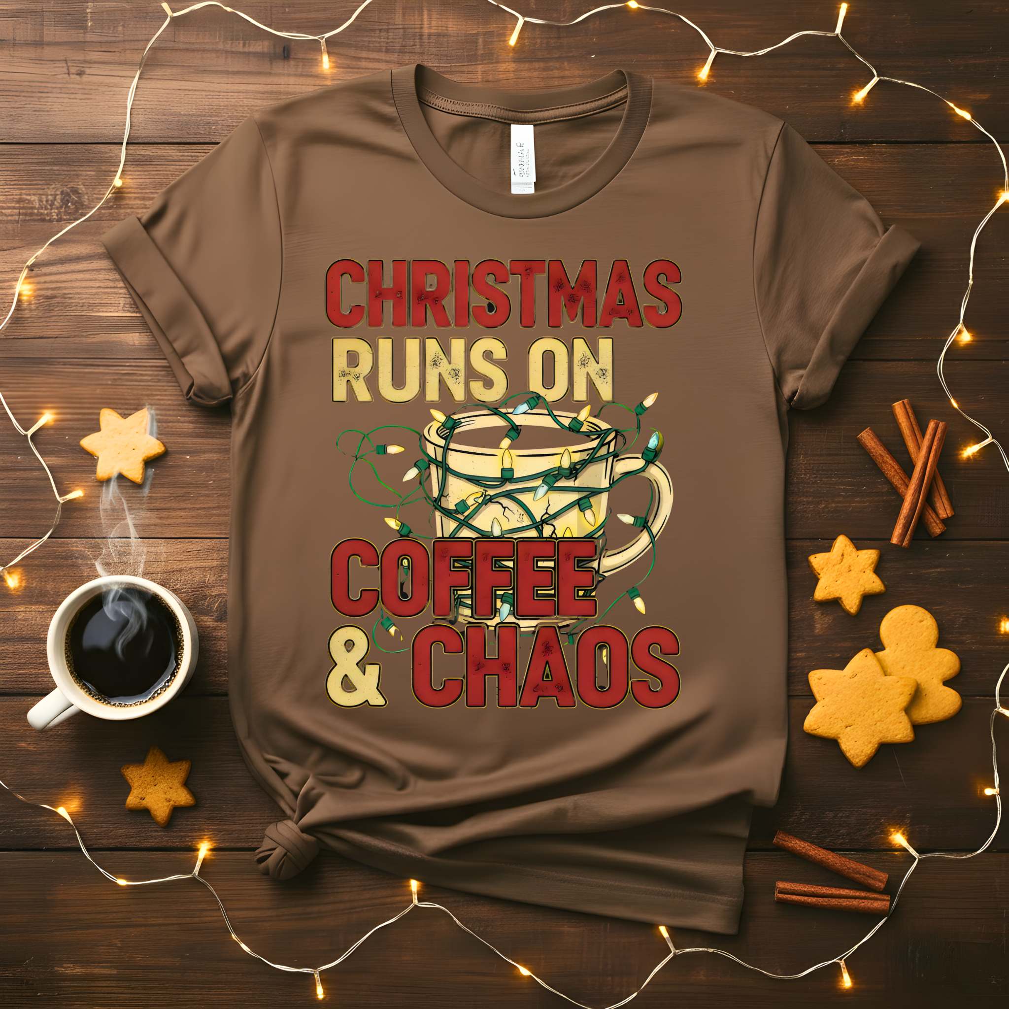 Christmas Runs on Coffee &amp; Chaos Meme Funny Tee – funny holiday t-shirt with festive coffee humor and chaotic meme design”