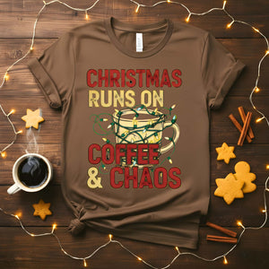 Christmas Runs on Coffee &amp; Chaos Meme Funny Tee – funny holiday t-shirt with festive coffee humor and chaotic meme design”