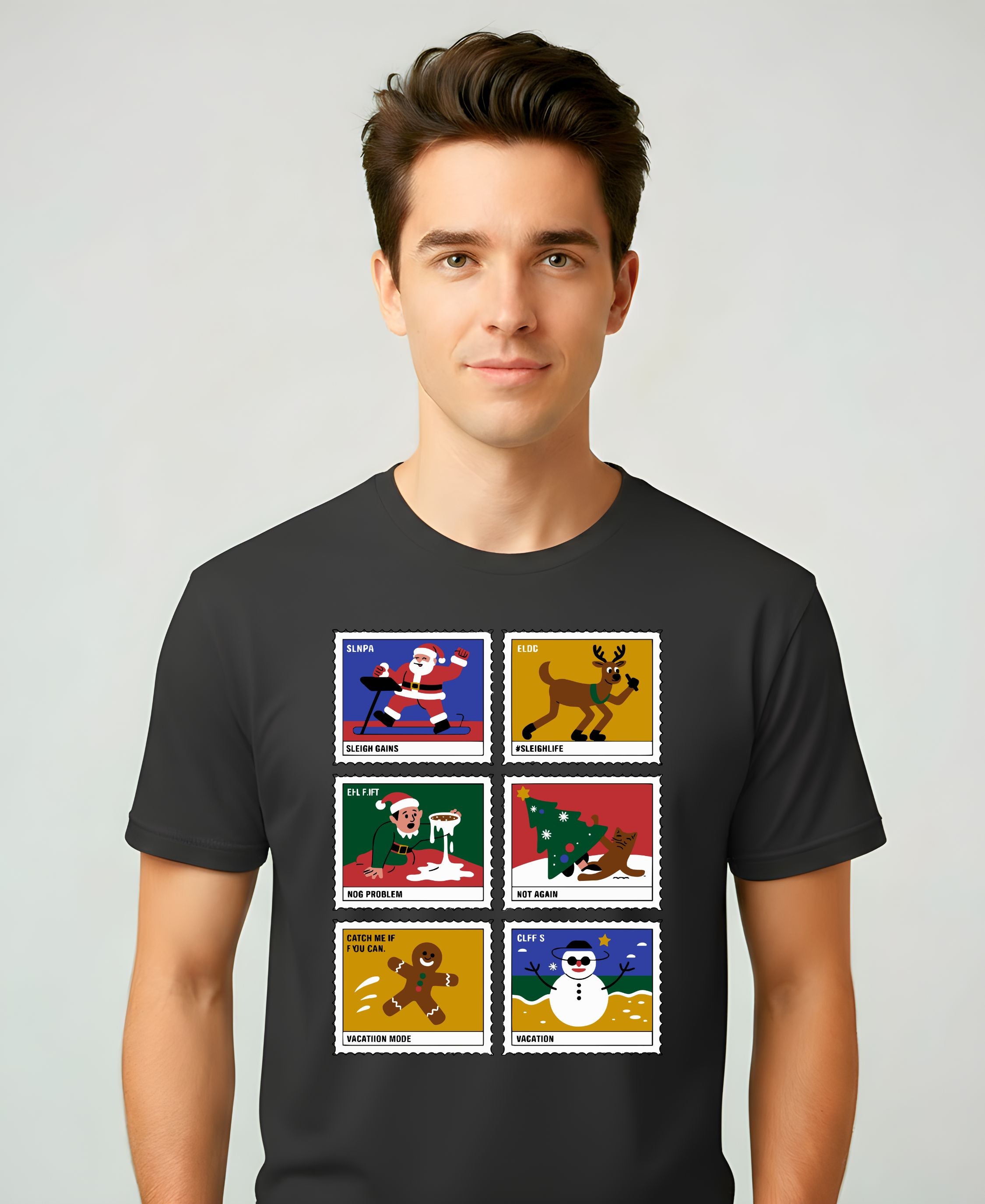 Christmas Stamps Meme Funny Tee – Red and white meme-style Christmas t-shirt with funny holiday mail design.