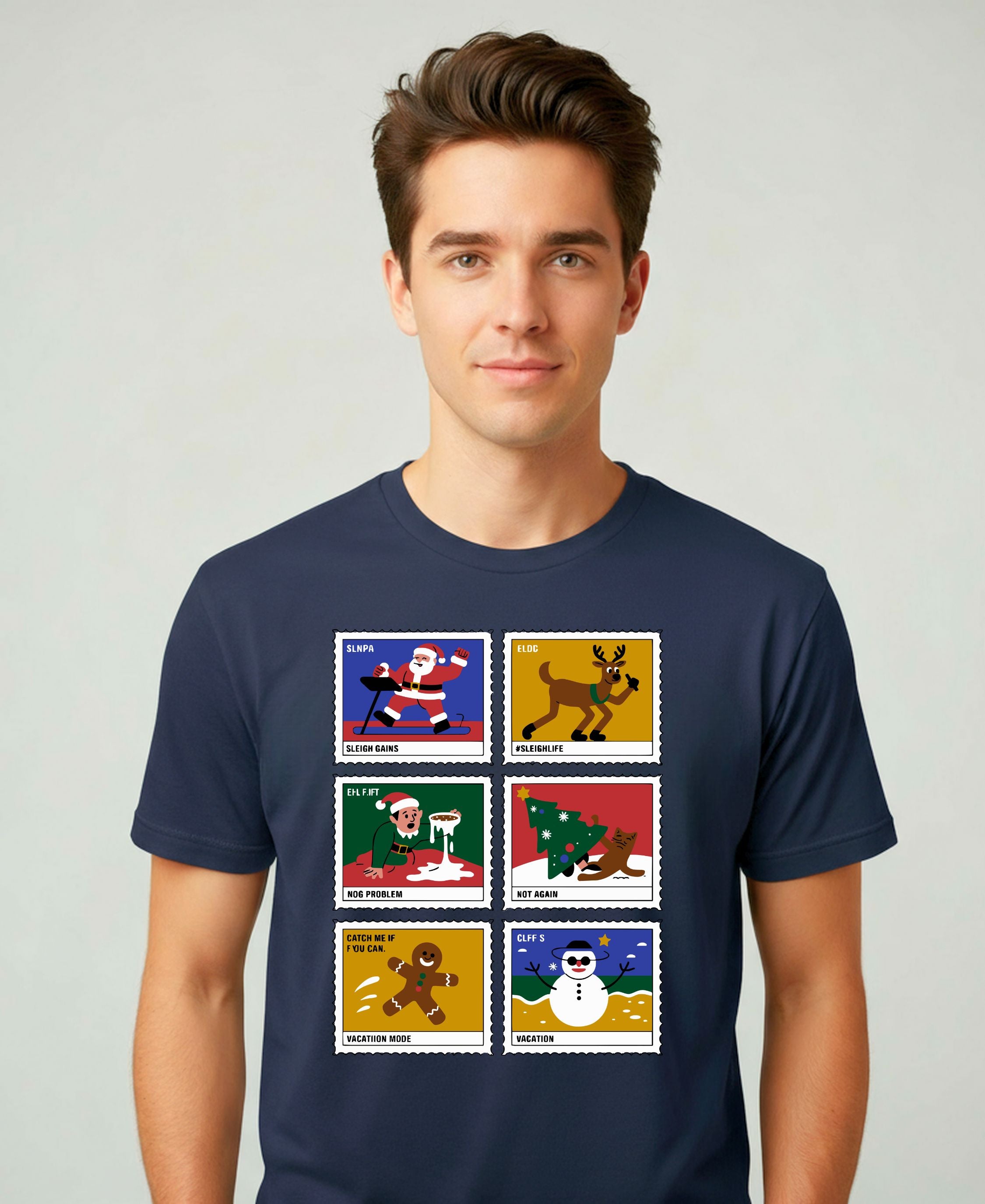 Christmas Stamps Meme Funny Tee – Red and white meme-style Christmas t-shirt with funny holiday mail design.