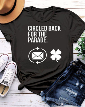 Circled Back For the Parade T-Shirt with meeting-to-float transformation on model
