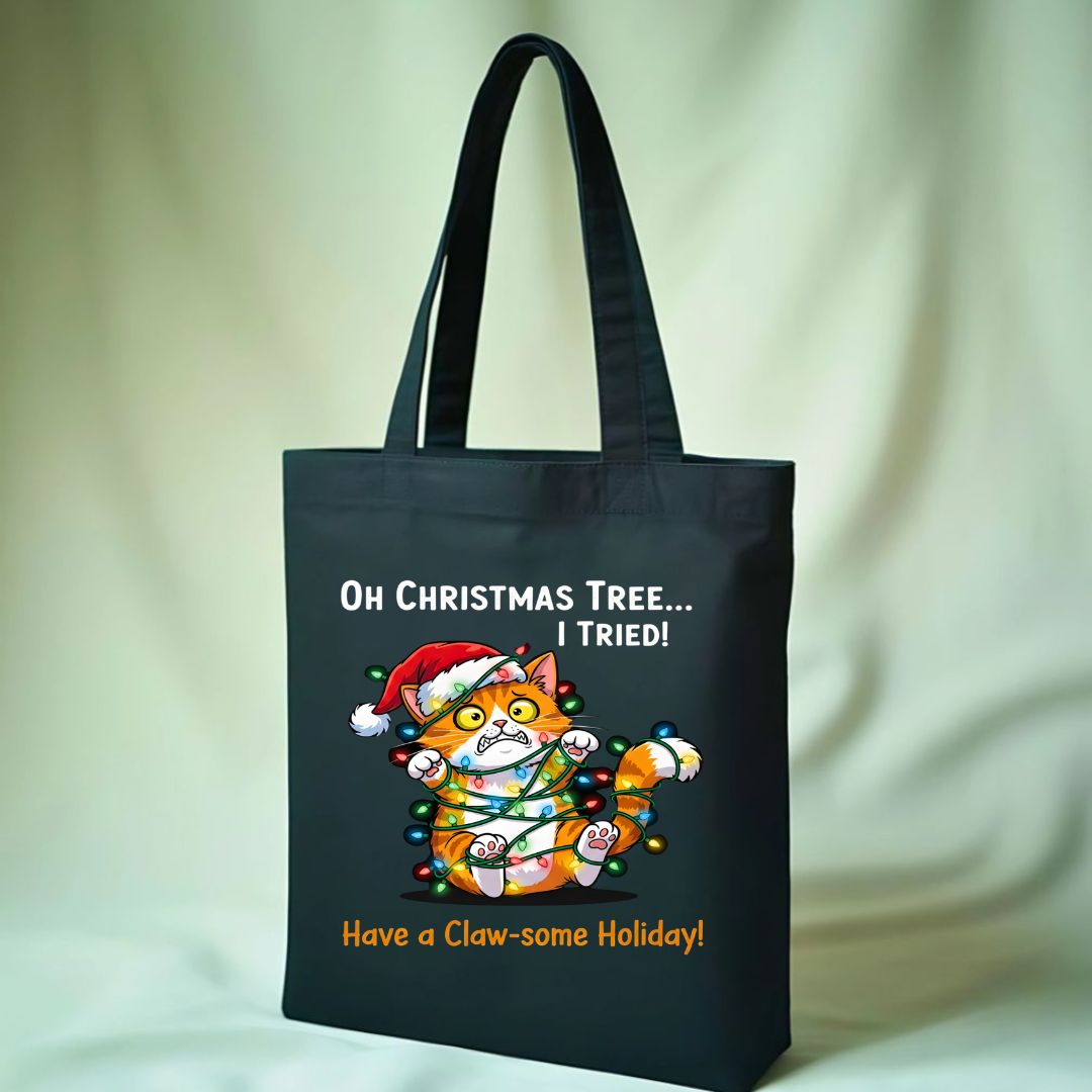 Claw-Some Holiday Tote Bag with playful cats and Christmas pun design