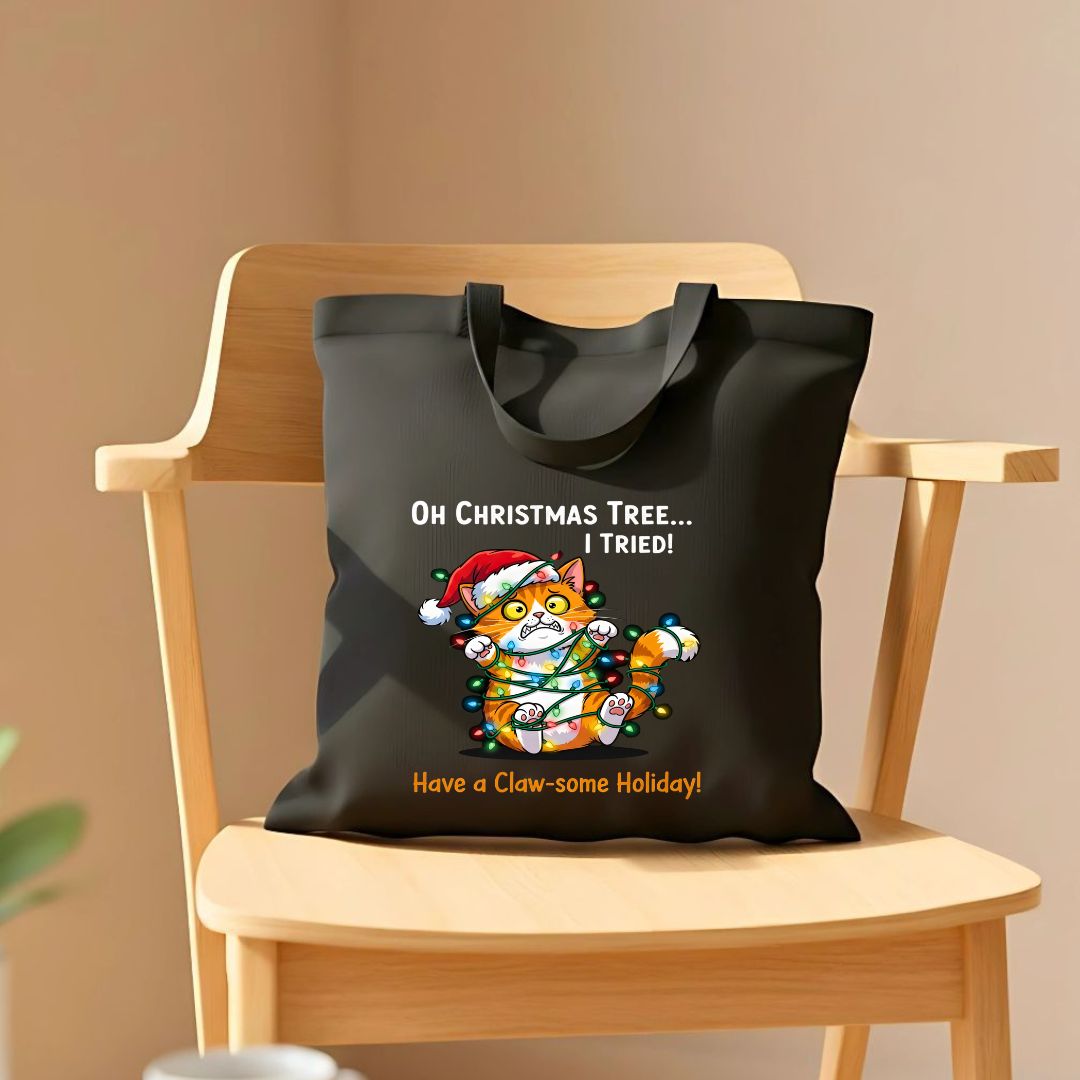Claw-Some Holiday Tote Bag with playful cats and Christmas pun design