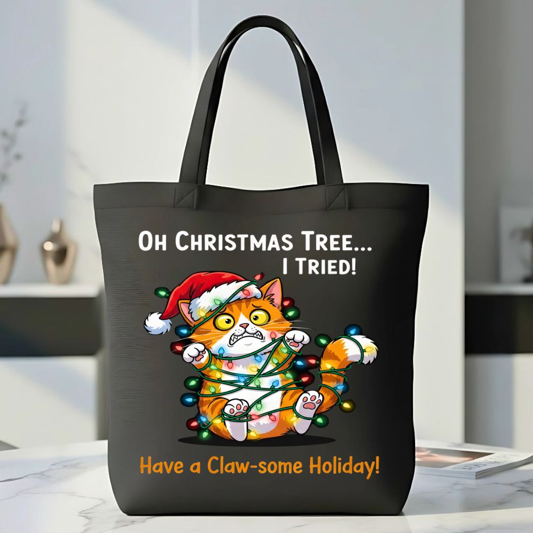 Claw-Some Holiday Tote Bag with playful cats and Christmas pun design