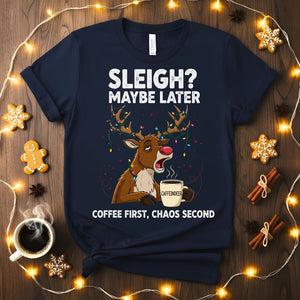Coffee First Christmas Animal Meme T-Shirt with a dog holding a coffee cup