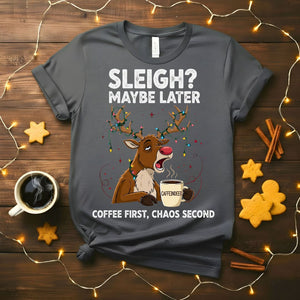Coffee First Christmas Animal Meme T-Shirt with a dog holding a coffee cup