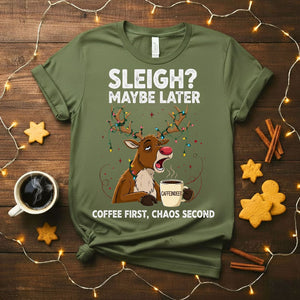 Coffee First Christmas Animal Meme T-Shirt with a dog holding a coffee cup