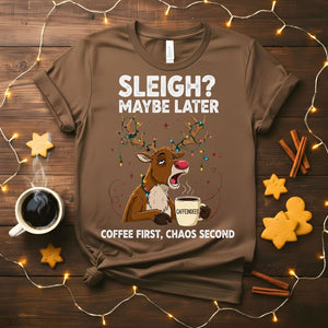 Coffee First Christmas Animal Meme T-Shirt with a dog holding a coffee cup