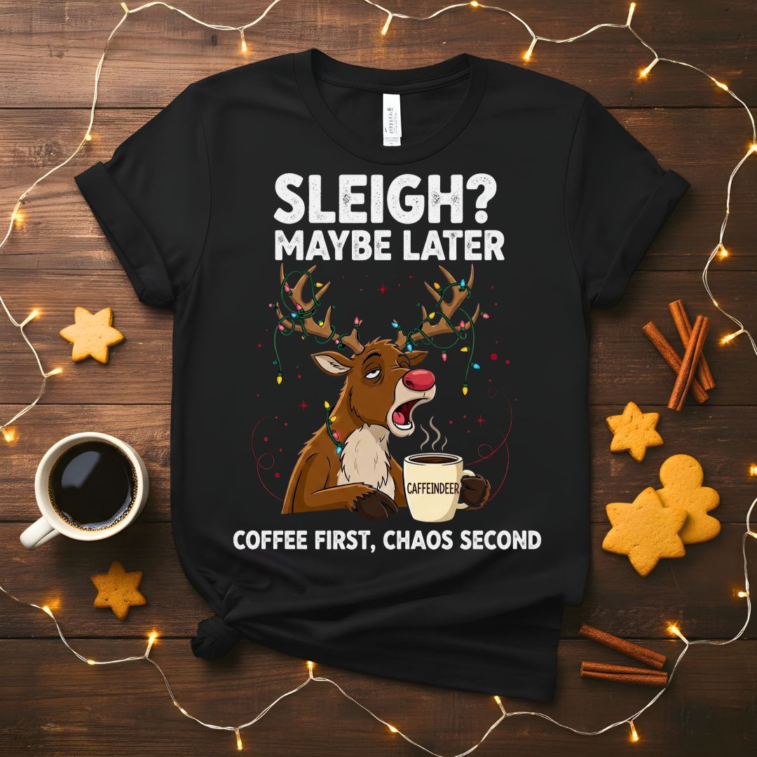 Coffee First Christmas Animal Meme T-Shirt with a dog holding a coffee cup