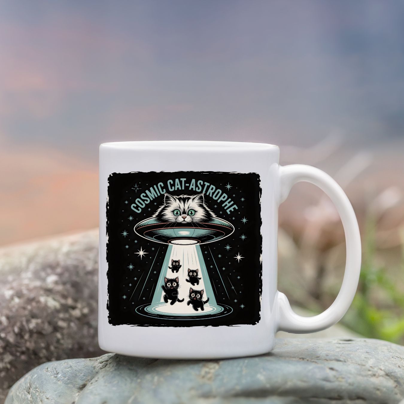 Cosmic Cat Funny Geek Mug with galaxy cat design