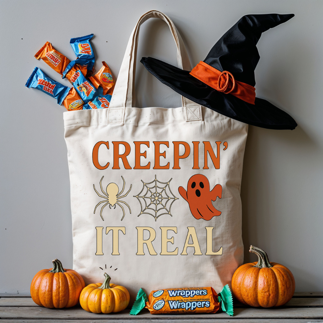 “Creepin’ It Real Halloween tote bag with ghost and spiderweb graphic”