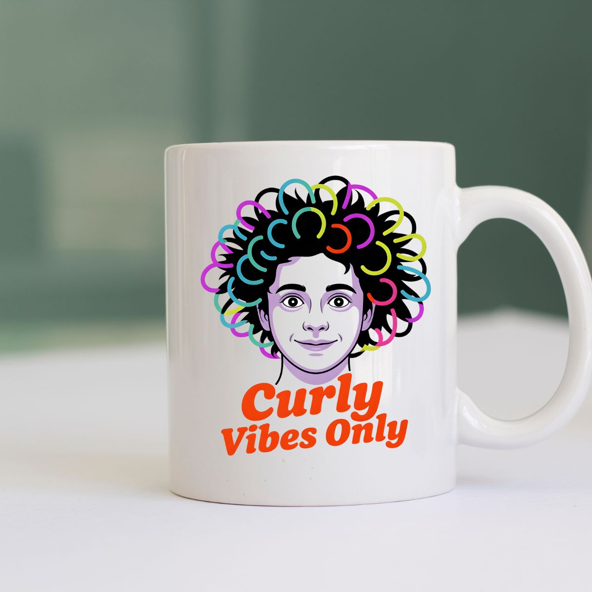 Curly Vibes Only ceramic mug with bold typography