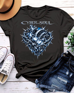 Cyber Soul Tee with glitch-art graphic of a data-stream human silhouette