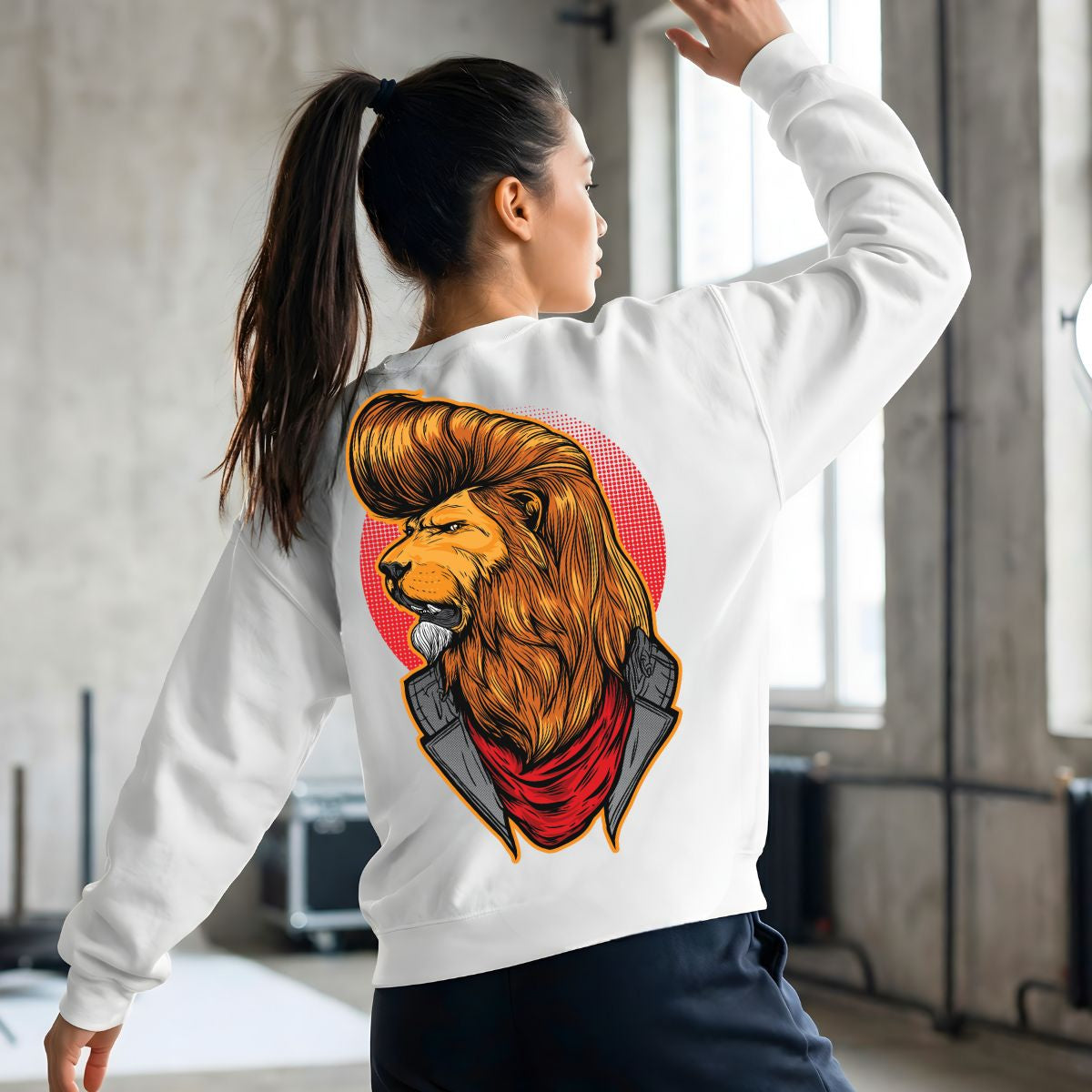 Dashing lion streetwear crewneck sweatshirt front view