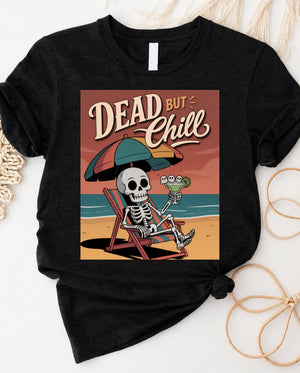 Dead but chill skeleton beach t-shirt with skeleton surfing in tropical scene