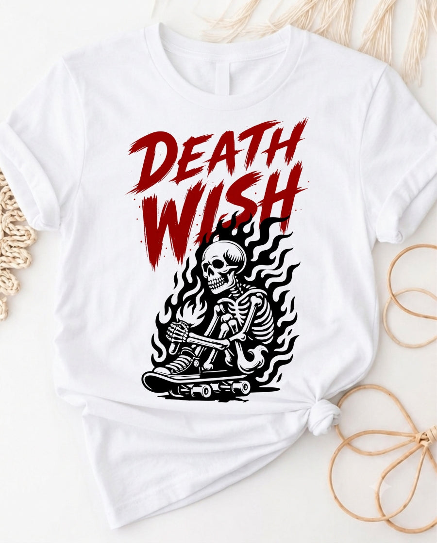 Death wish skateboard t-shirt with retro skeleton skater graphic