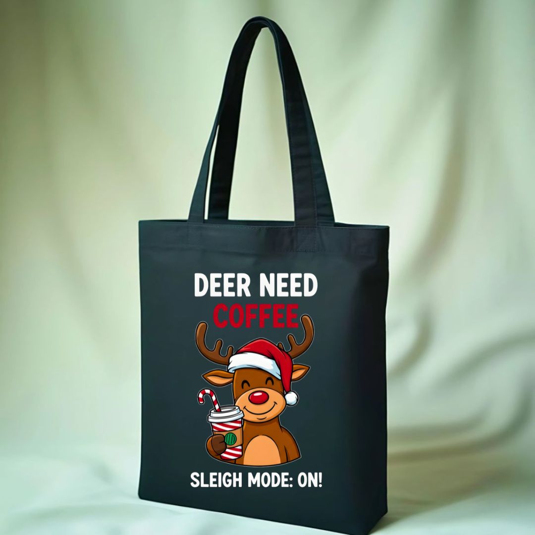Deer Need Coffee Tote Bag with cute yawning deer design
