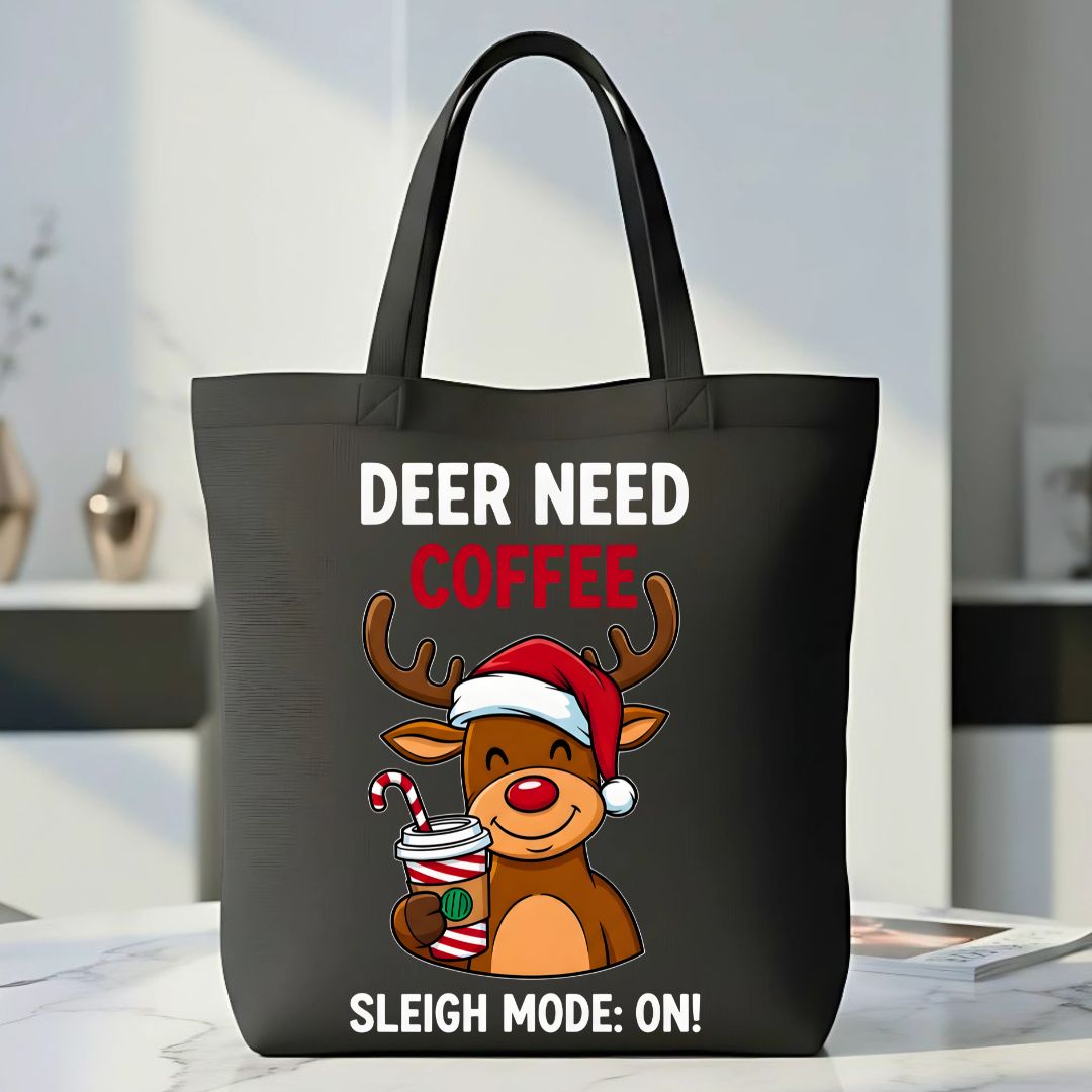 Deer Need Coffee Tote Bag with cute yawning deer design