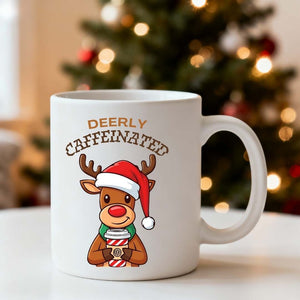 Deerly Caffeinated Coffee Christmas Funny Mug – festive reindeer meme coffee mug for caffeine lovers by Memez.Store.