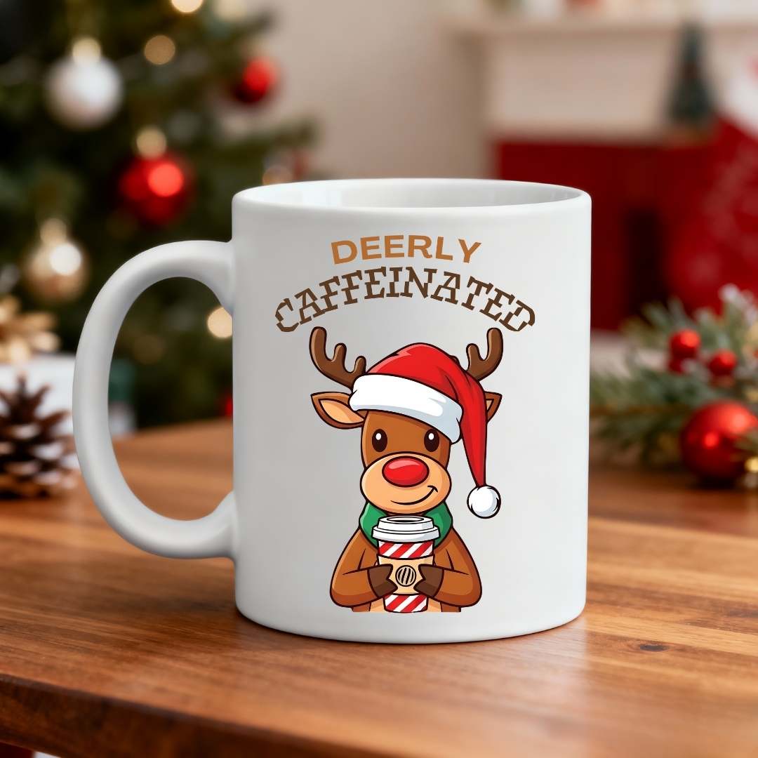 Deerly Caffeinated Coffee Christmas Funny Mug – festive reindeer meme coffee mug for caffeine lovers by Memez.Store.