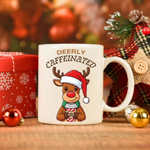 Deerly Caffeinated Coffee Christmas Funny Mug – festive reindeer meme coffee mug for caffeine lovers by Memez.Store.