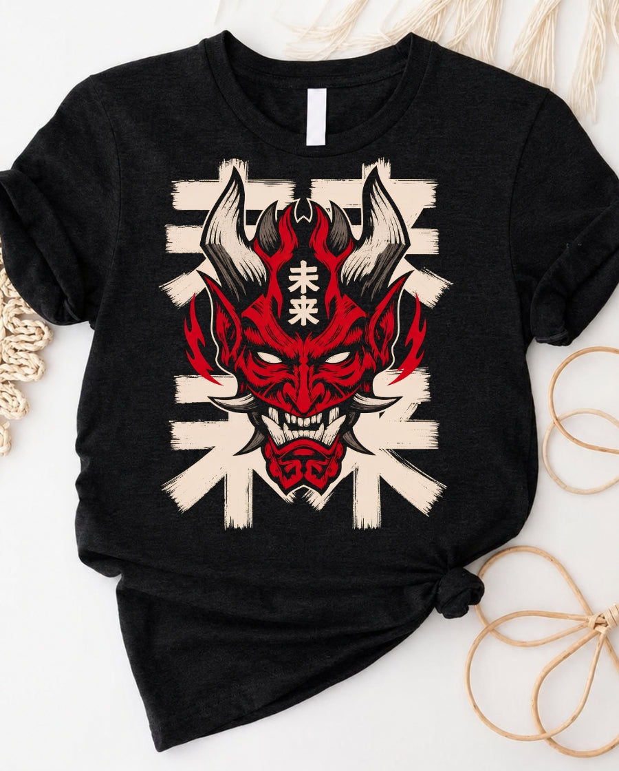 Demonic oni mask t-shirt with red japanese oni design and future kanji