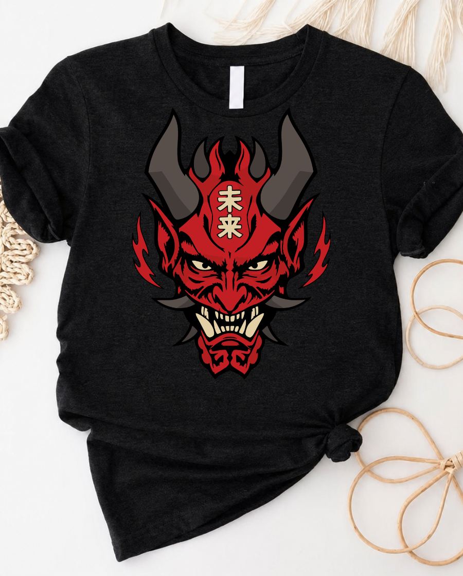 Demonic oni mask t-shirt with red japanese oni design and future kanji