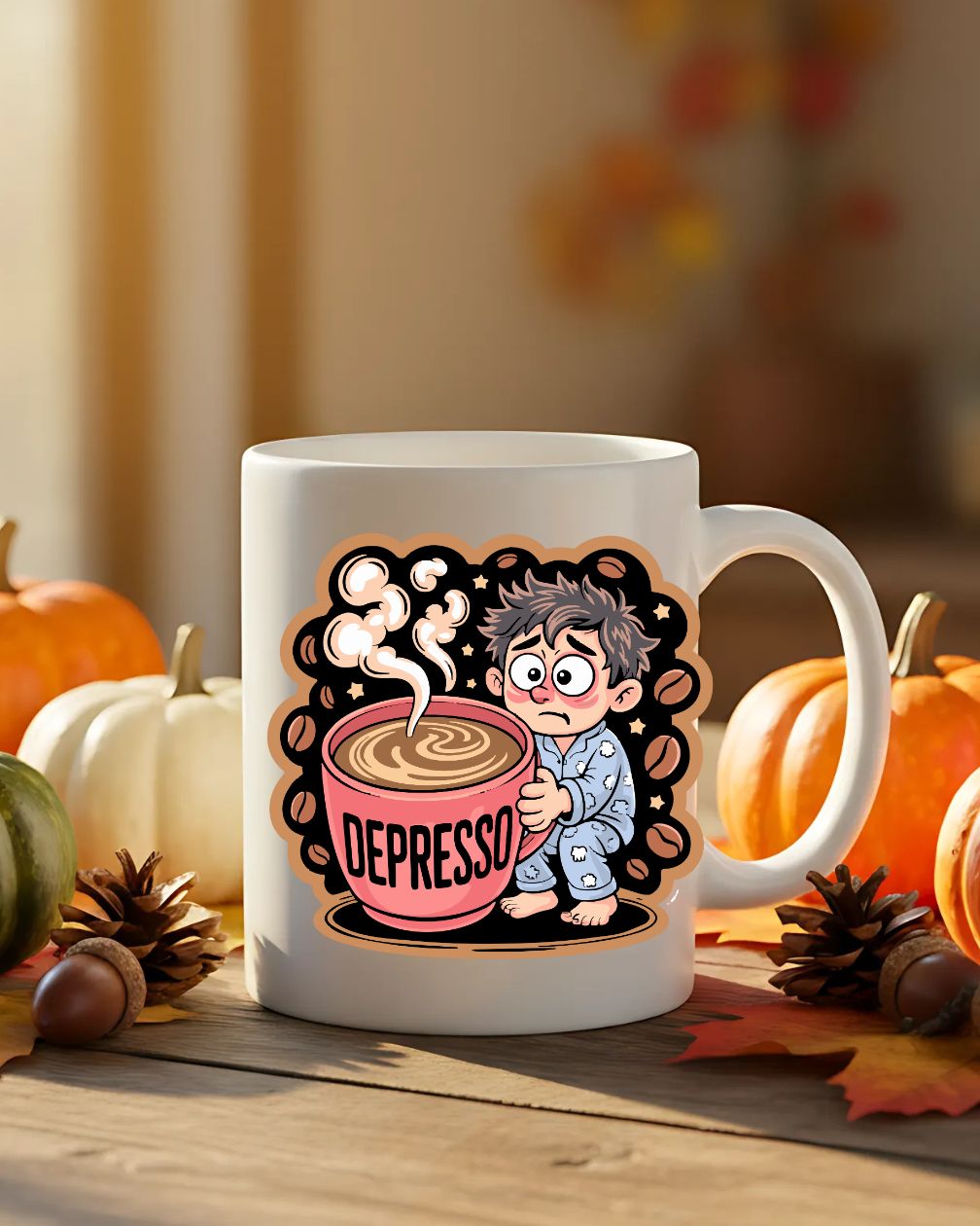 Depresso Coffee Anxiety Mug – Funny ceramic coffee cup with bold sarcastic text design.
