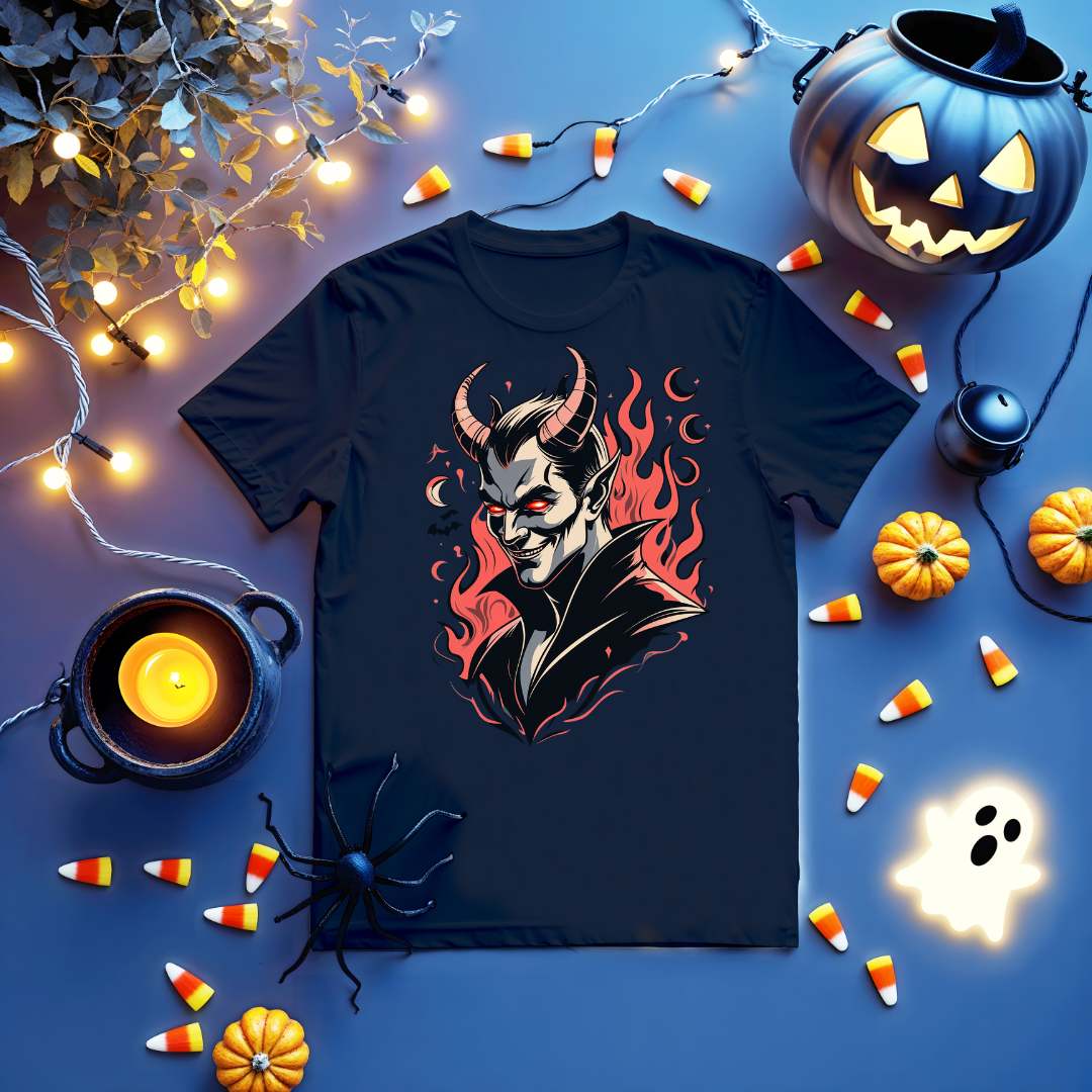 Mischievous devil-themed shirt on black cotton fabric