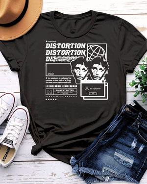 Distortion Streetwear Tee with fractured face dissolving into static on model