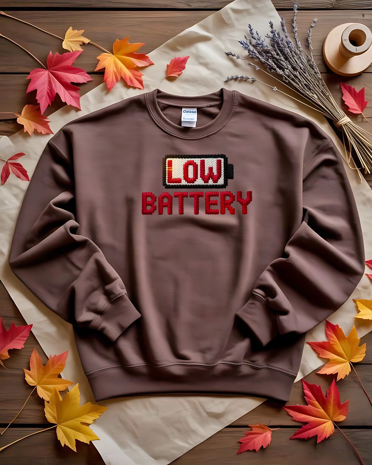 Funny unisex embroidered sweatshirt – low battery humor design