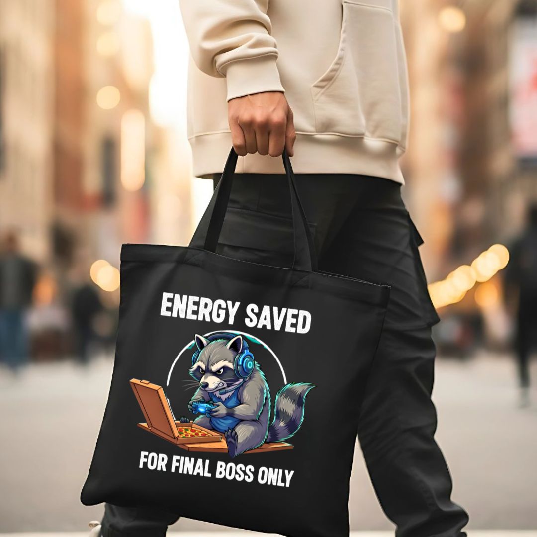 Energy Saved Raccoon Tote Bag with tired raccoon design