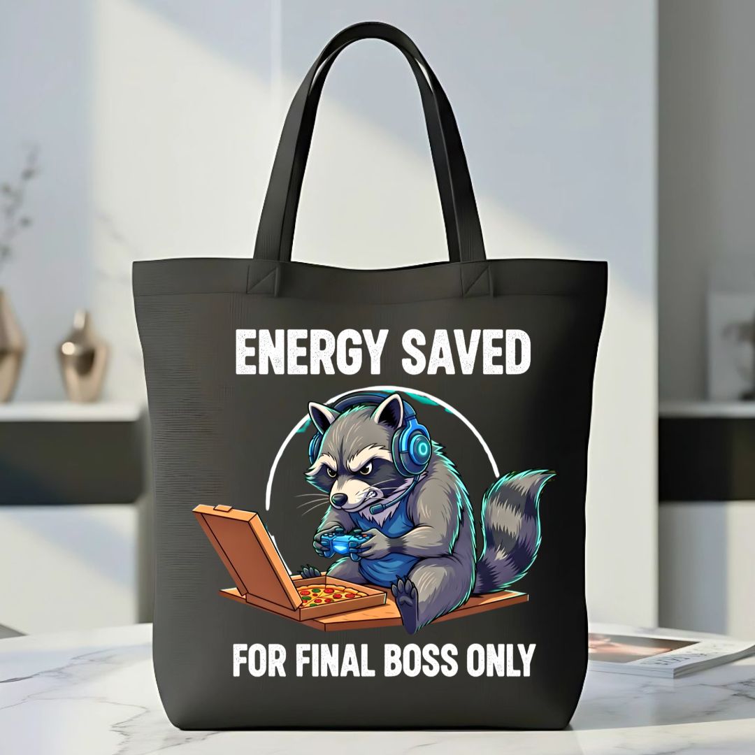 Energy Saved Raccoon Tote Bag with tired raccoon design