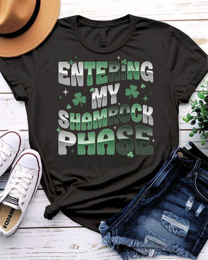 Entering My Shamrok Phase T-Shirt with geometric phasing shamrock on model