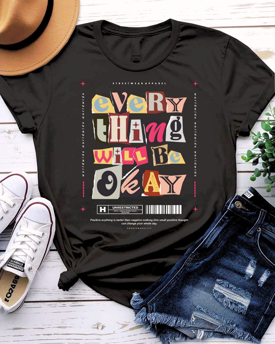 Everything Will Be Okay Tee with handwritten text on wrinkled backdrop on model