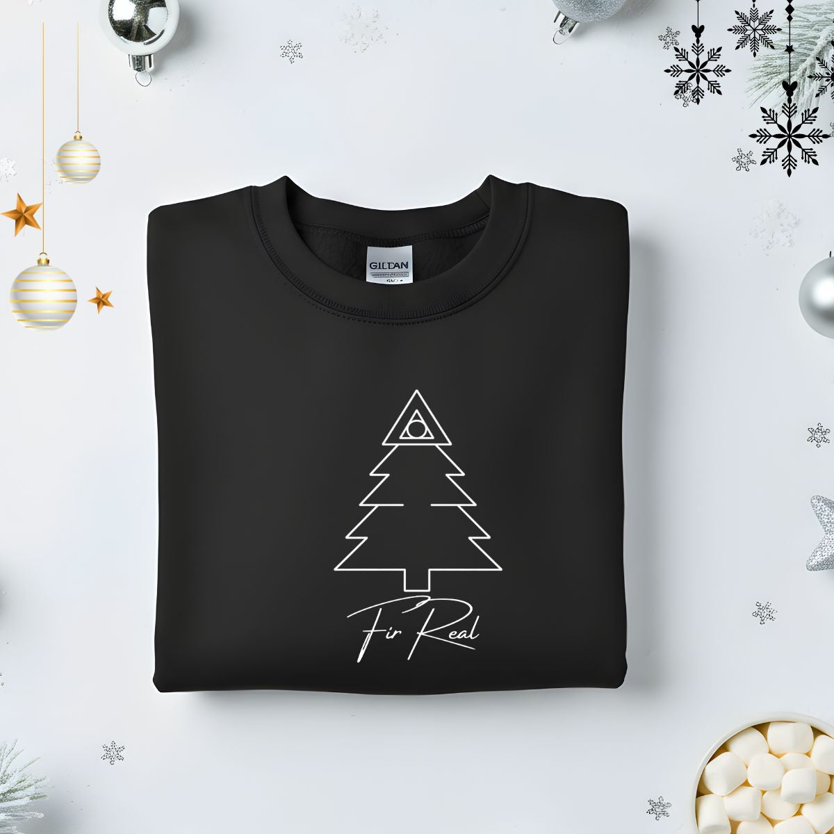 Fir-real Typographical Embroidered Sweatshirt – funny holiday pun sweatshirt with minimalist embroidered text, soft unisex fleece pullover from Memez.Store, perfect for tree lovers and pun enthusiasts.