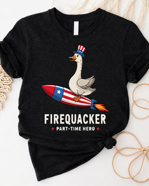 Firequacker 4th of July tee with funny patriotic duck design