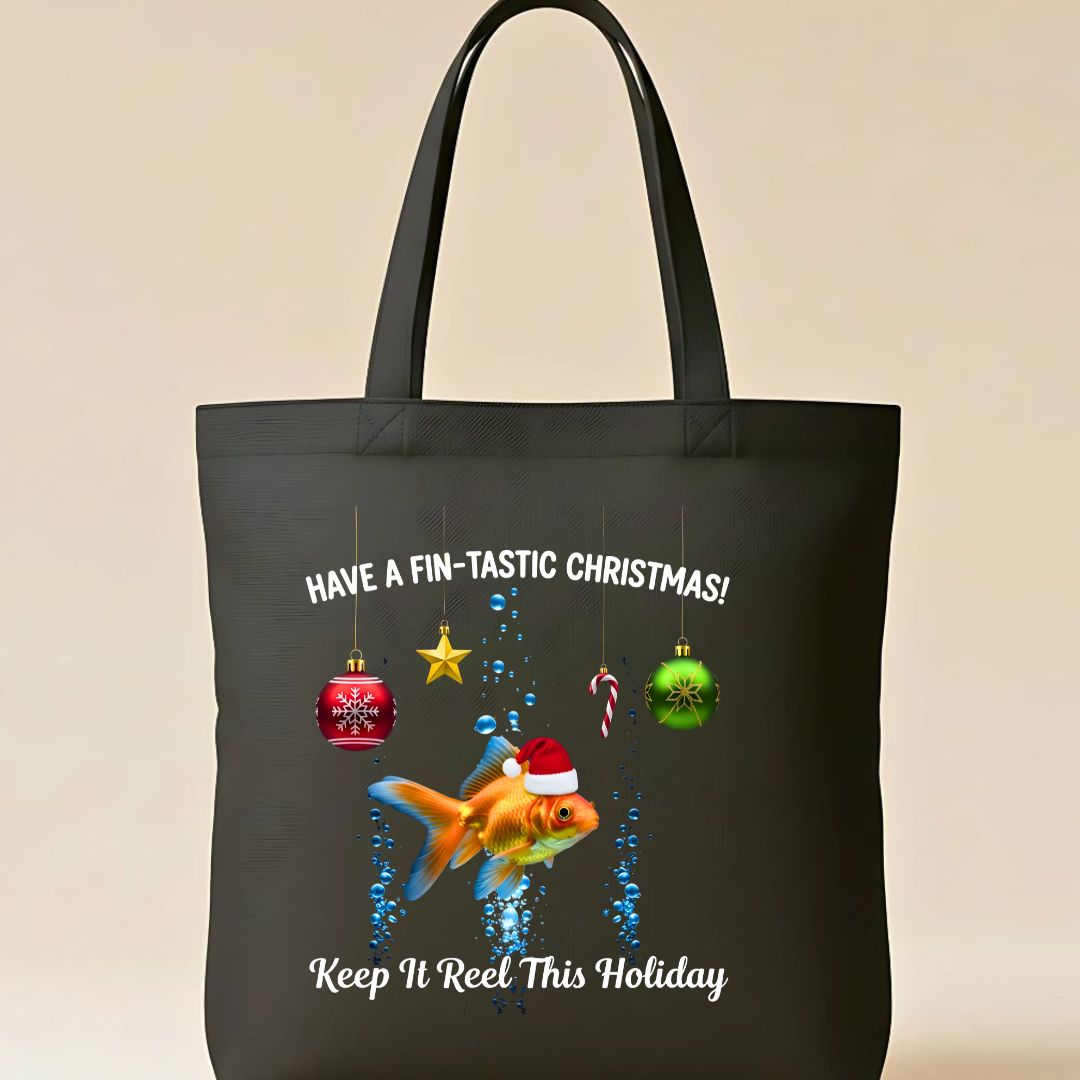 Fish Christmas Tote Bag with festive fish in Santa hats design