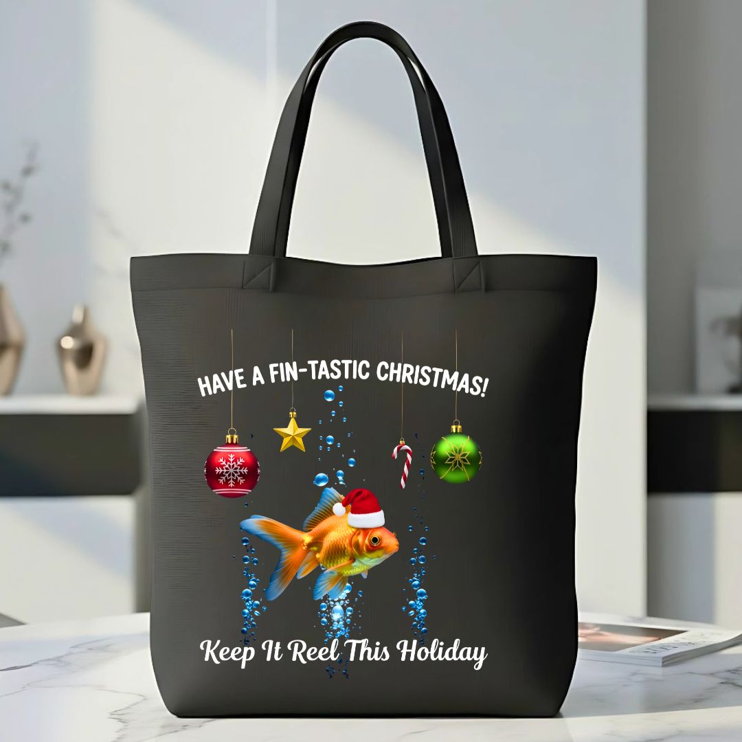 Fish Christmas Tote Bag with festive fish in Santa hats design