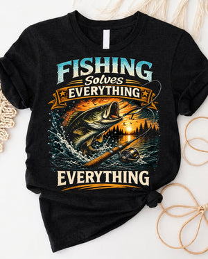 Fishing solves everything t-shirt with humorous angler graphic design