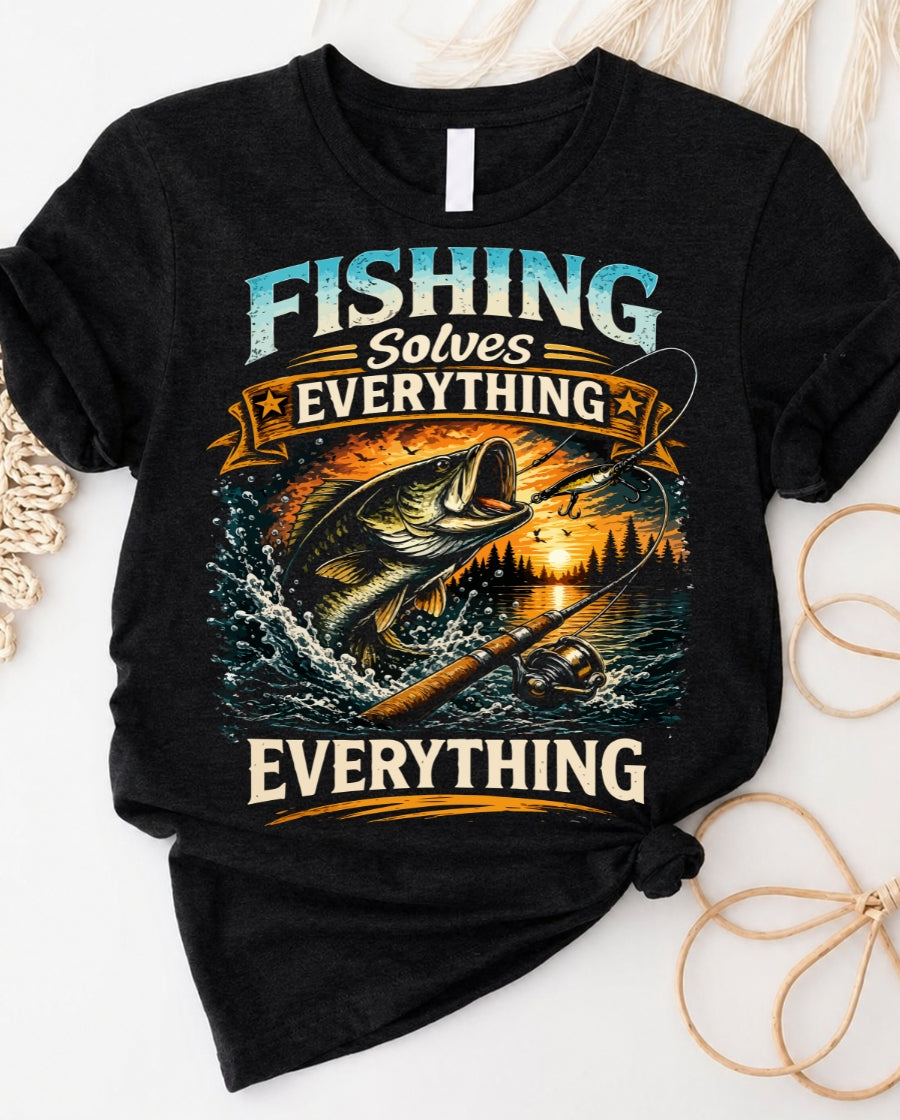 Fishing solves everything t-shirt with humorous angler graphic design
