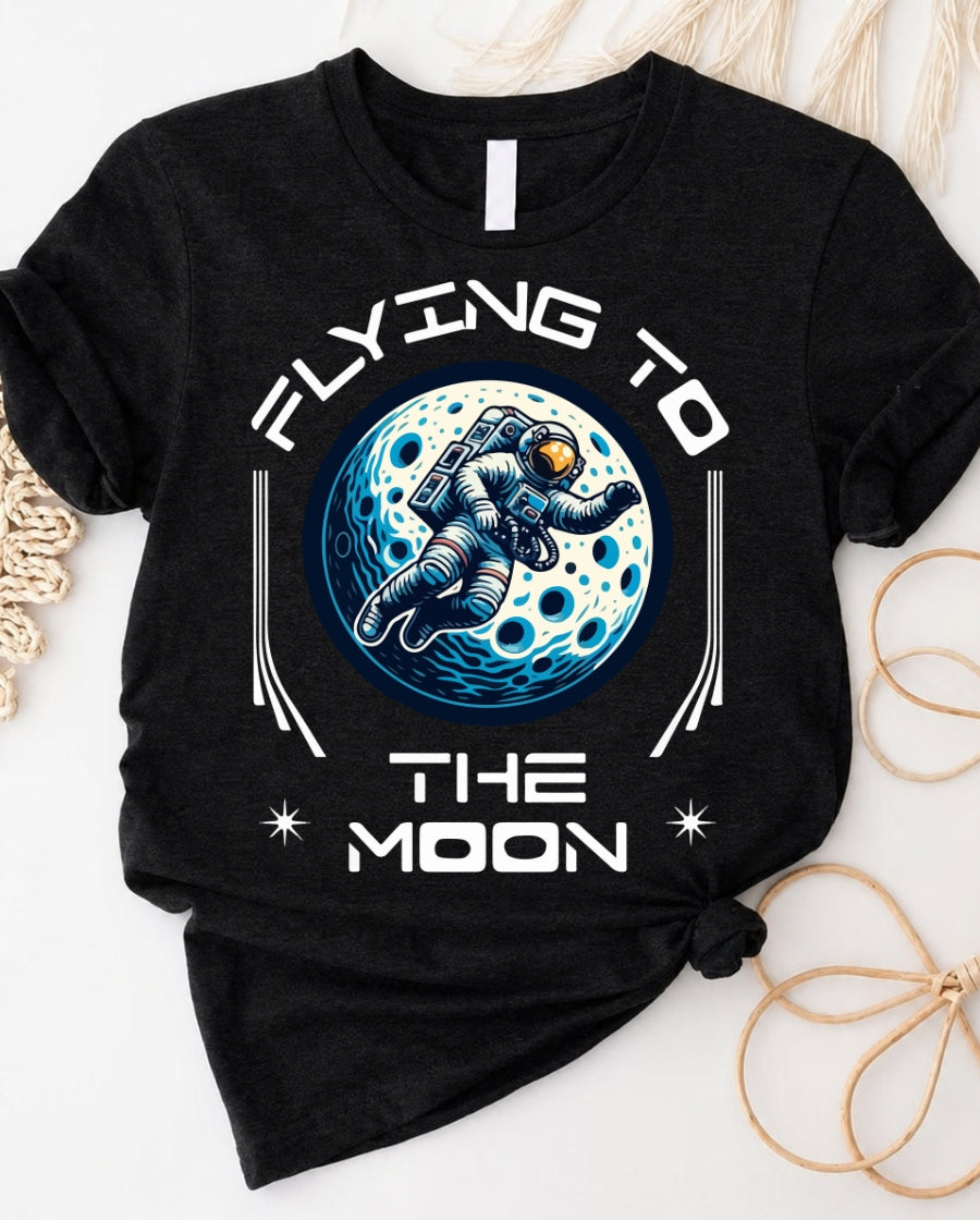 Flying to the moon astro tee with astronaut moon swing graphic
