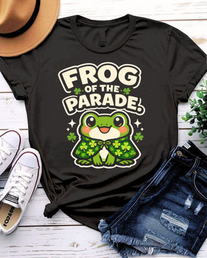 Frog of Parade St. Patrick's Day Tee with crowned frog on float on model