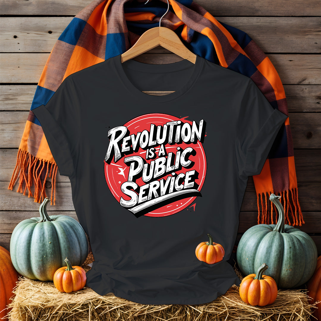 Front view of Political Revolution Tee with bold satirical text