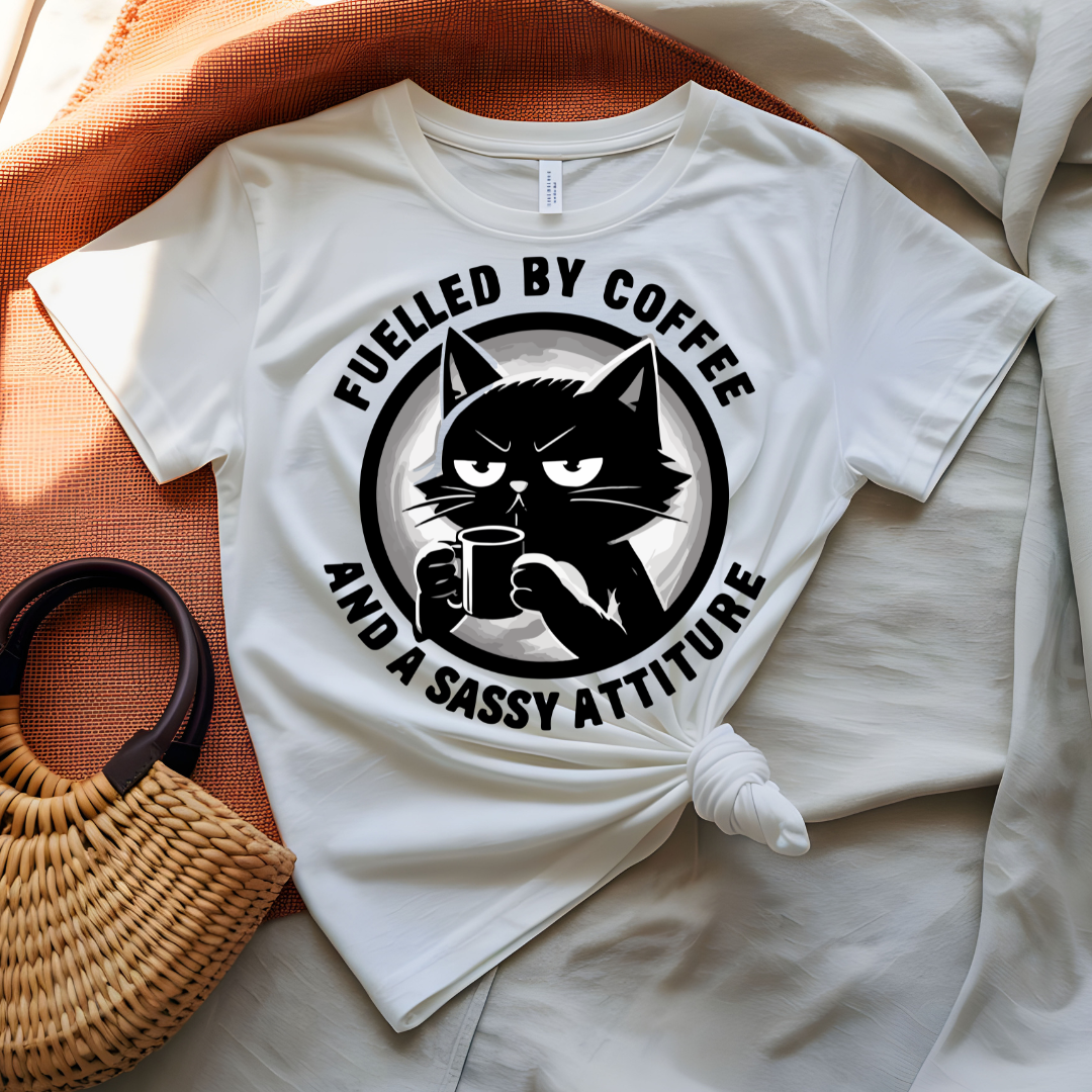 Fueled By Coffee tee with bold caffeine statement typography