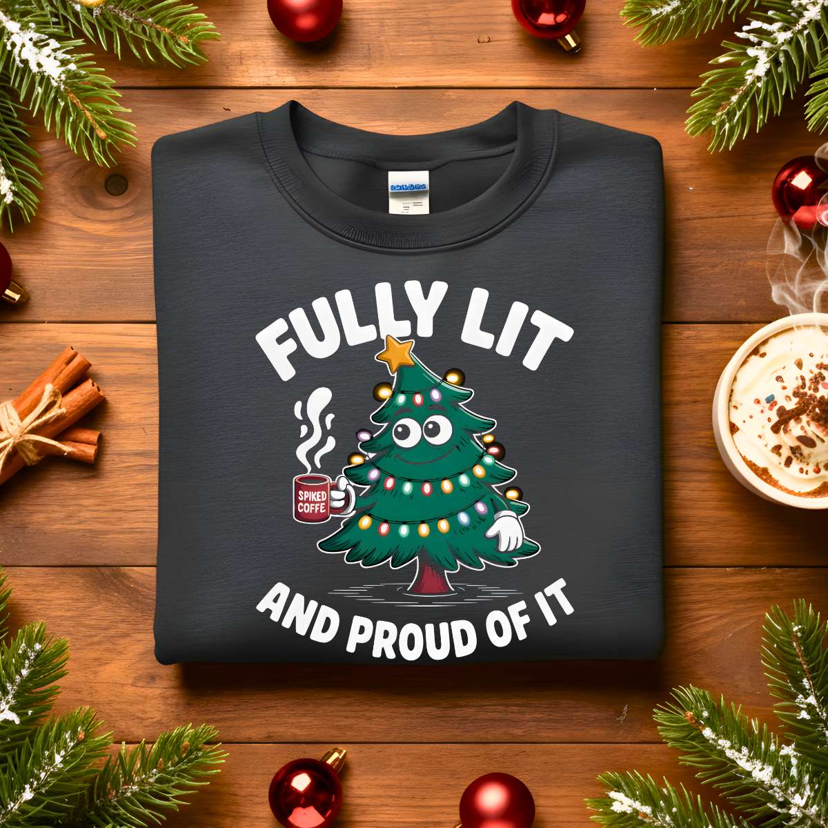 Fully Lit and Proud of It Christmas sweatshirt, funny meme holiday sweater for coffee and party lovers, cozy festive apparel gift idea for men and women by Memez Store 2025