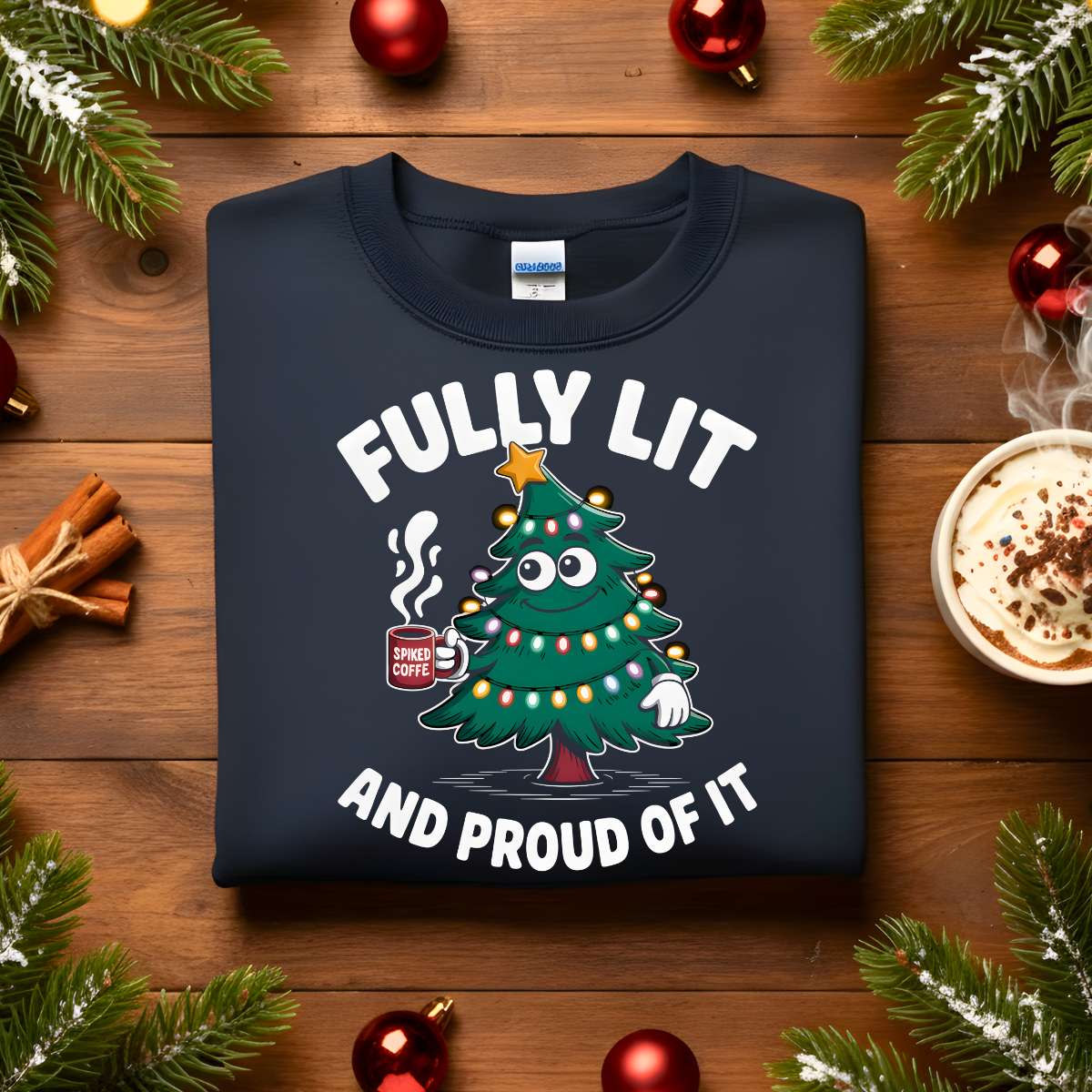 Fully Lit and Proud of It Christmas sweatshirt, funny meme holiday sweater for coffee and party lovers, cozy festive apparel gift idea for men and women by Memez Store 2025