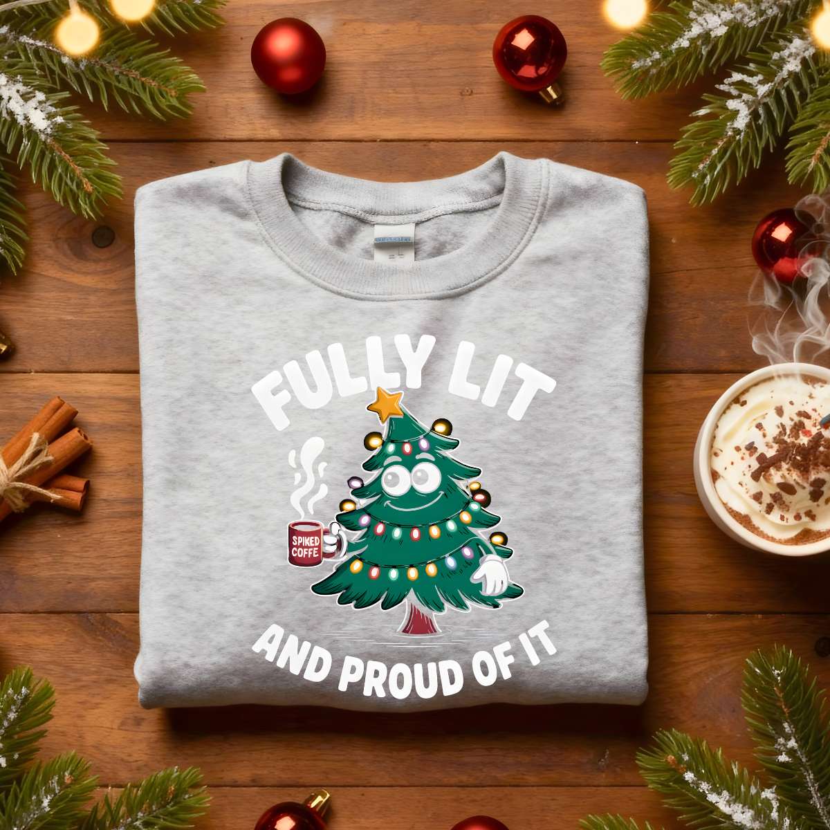 Fully Lit and Proud of It Christmas sweatshirt, funny meme holiday sweater for coffee and party lovers, cozy festive apparel gift idea for men and women by Memez Store 2025