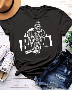 Funky Baba Funny Tee with groovy grandpa dancing with records on model