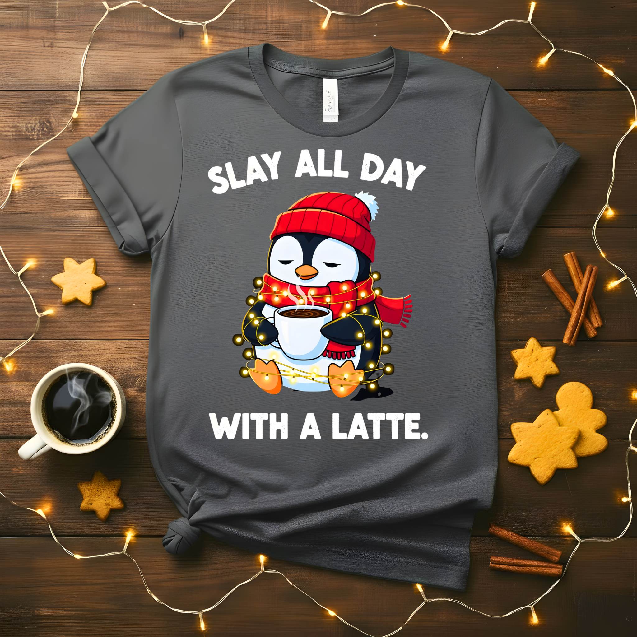 Funny Christmas coffee meme t-shirt for latte lovers, Slay All Day With A Latte tee for holiday gifting, caffeine humor shirt for women and men, coffee lover Christmas meme apparel 2025 by Memez Store